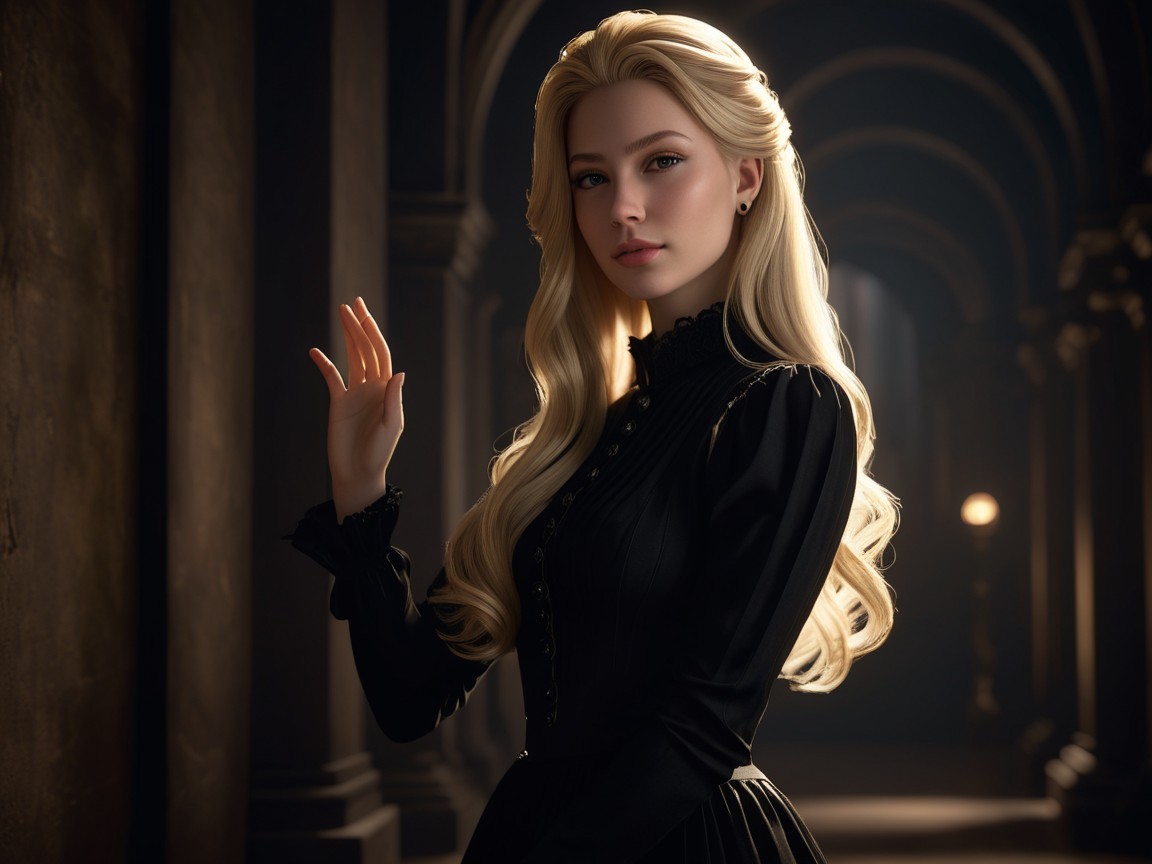 Young Woman in Elegant Black Gown in Ornate Setting