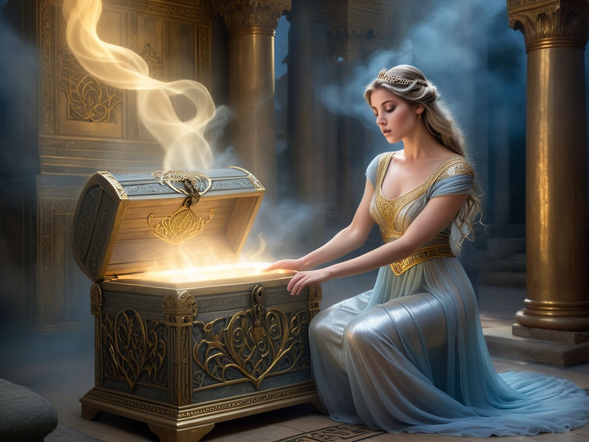 Young Woman in Elegant Gown by Ornate Treasure Chest