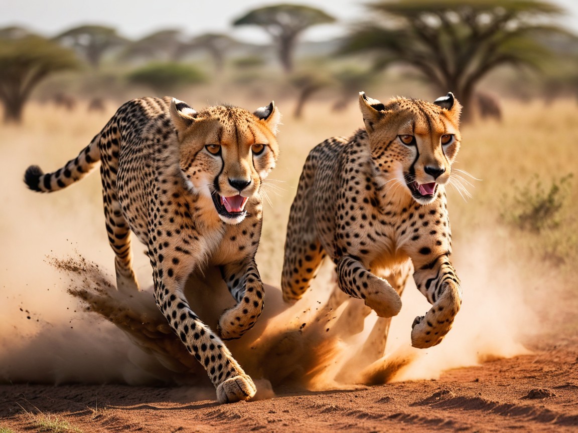 Cheetahs Sprinting Across African Savanna Landscape
