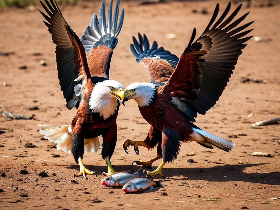 Eagles Confrontation with Caught Fish on Sandy Ground
