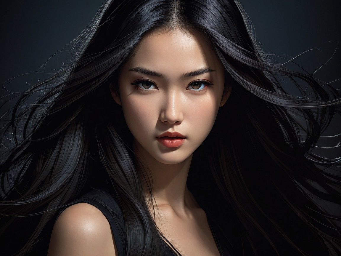 Portrait of a Young Woman with Flowing Black Hair