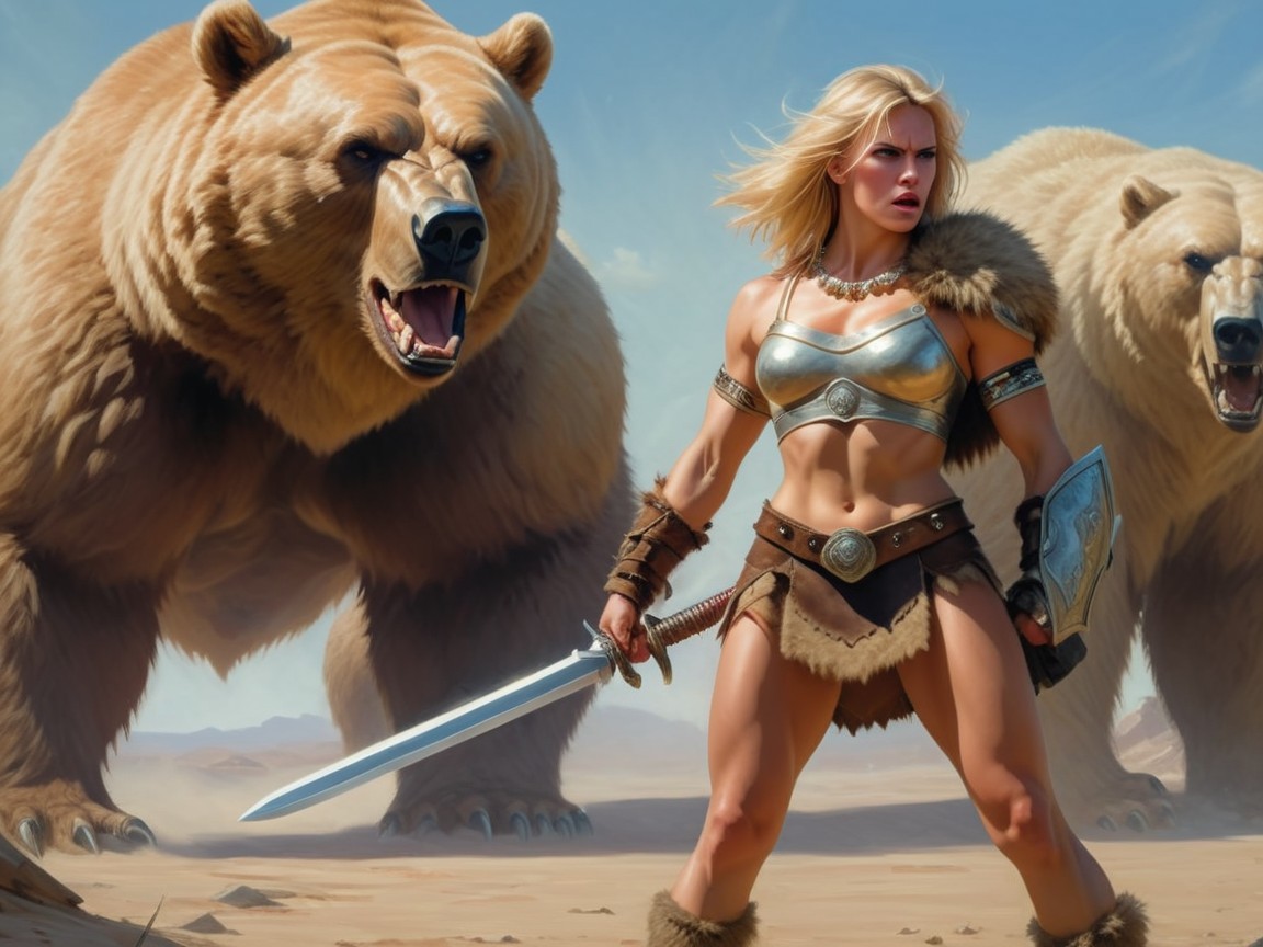 Warrior in Armor with Bears in Barren Landscape