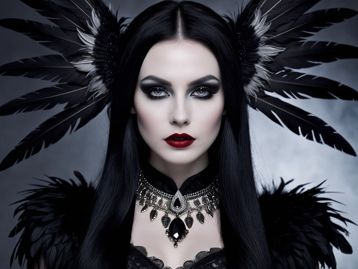 Elegant figure with black hair and dramatic accessories