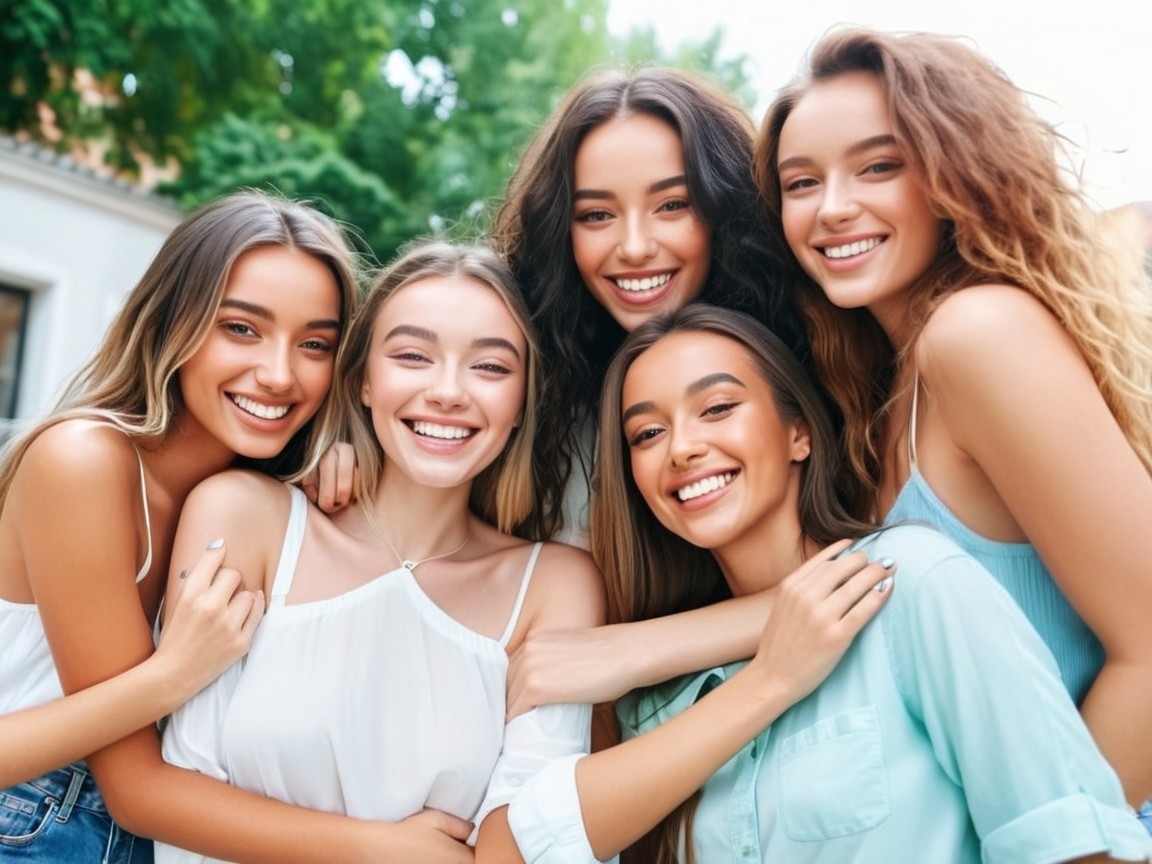Group of Five Young Women Smiling Outdoors