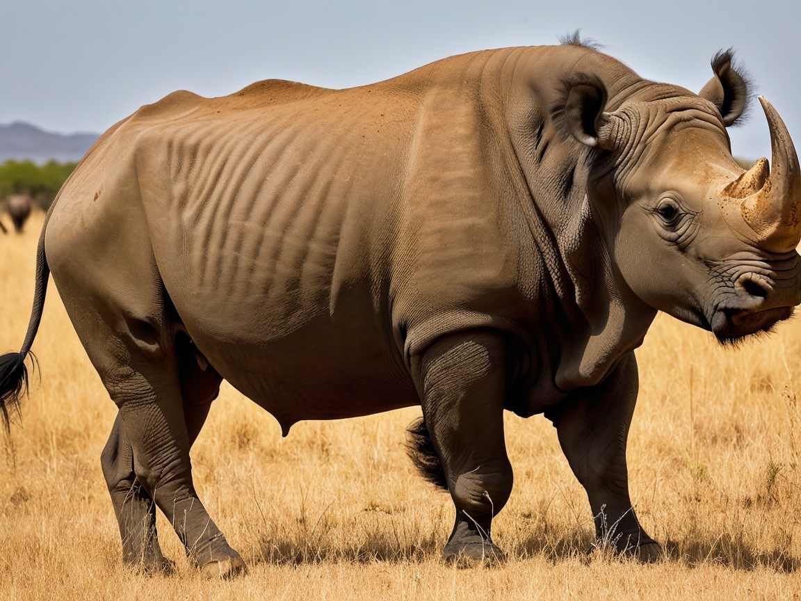 Rhinoceros in Grassland Under Clear Blue Sky