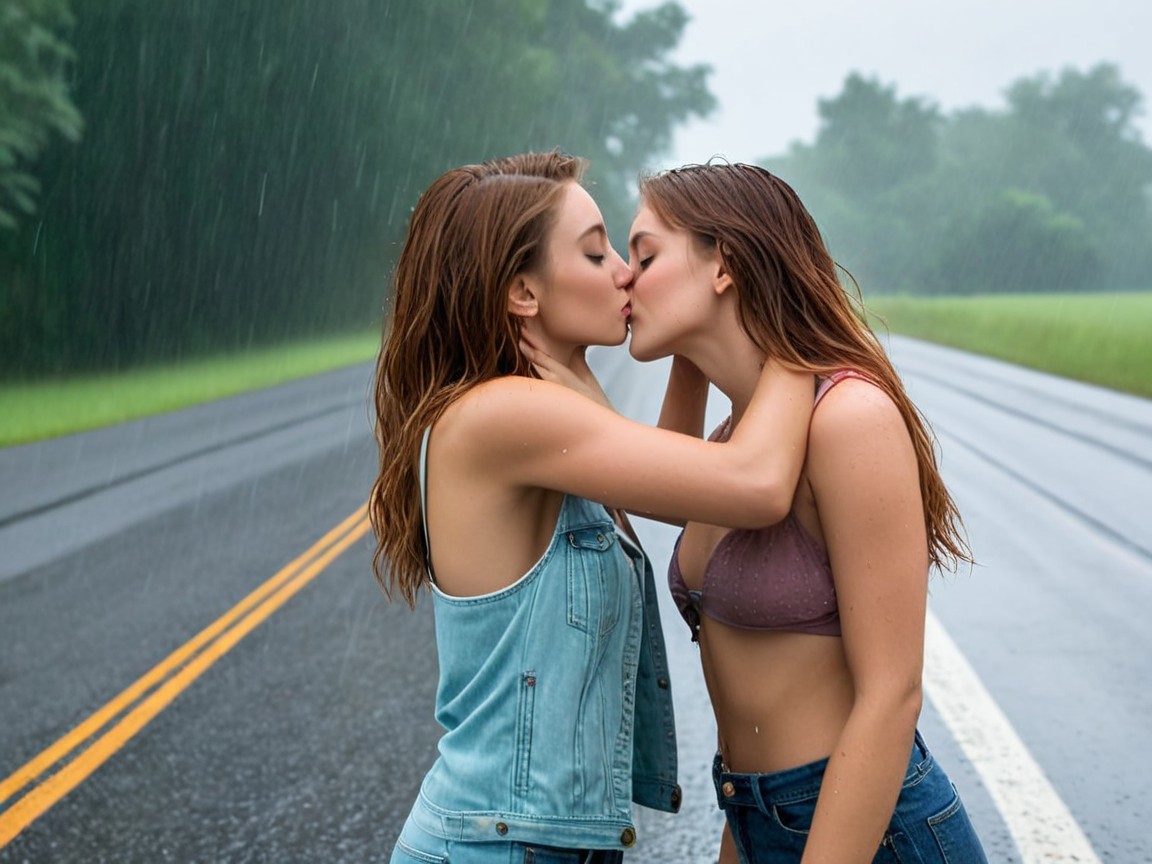 Women Kissing on a Rain-Soaked Road Surrounded by Nature
