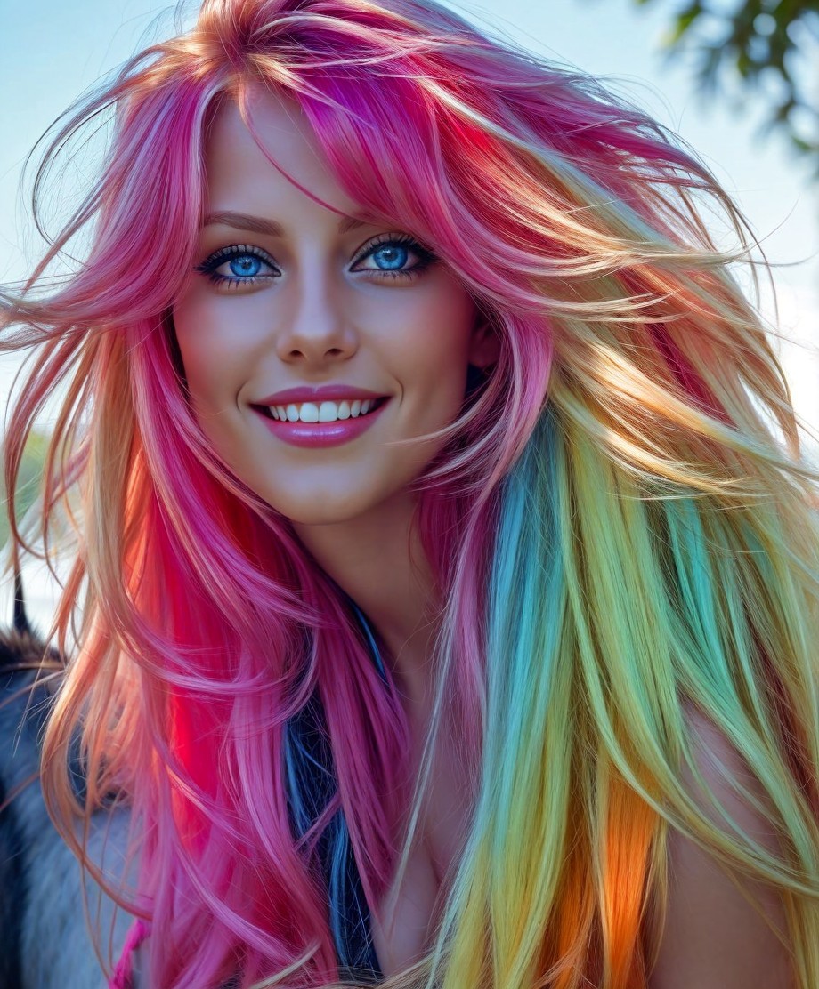 Young woman with multicolored hair in natural setting