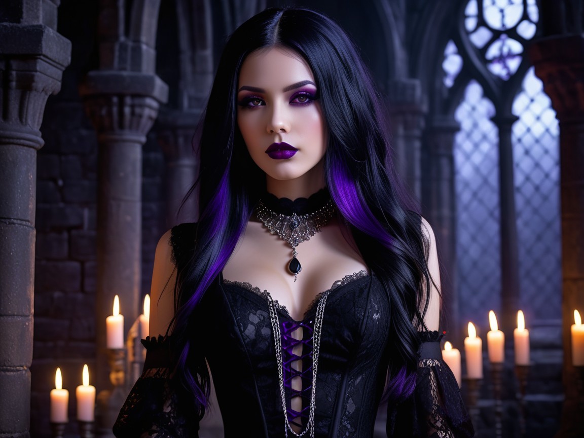 Young Woman in Gothic Setting with Candlelight and Lace