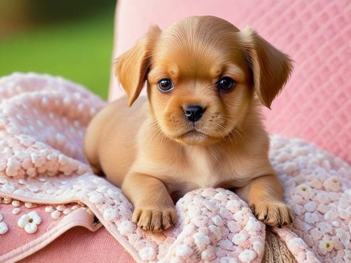 Fluffy Puppy Relaxing on Pink Floral Blanket
