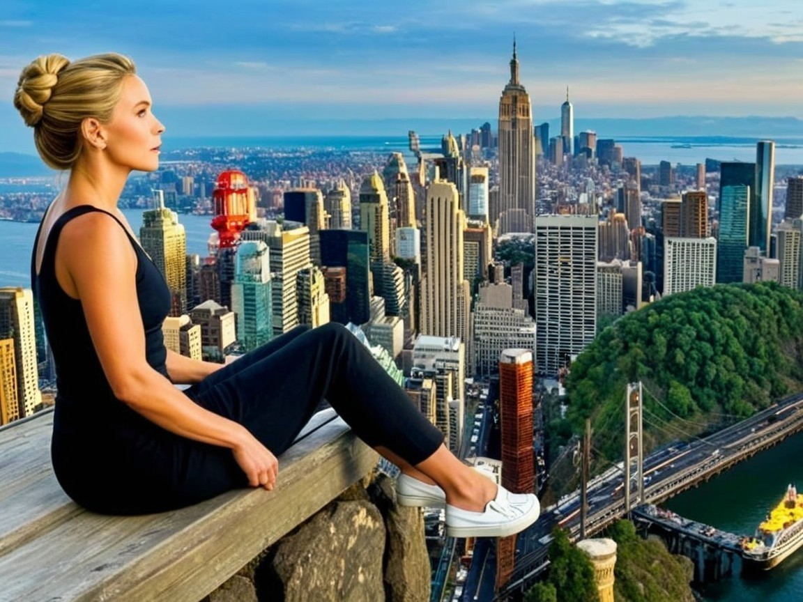 Woman on Ledge Overlooking Vibrant Cityscape