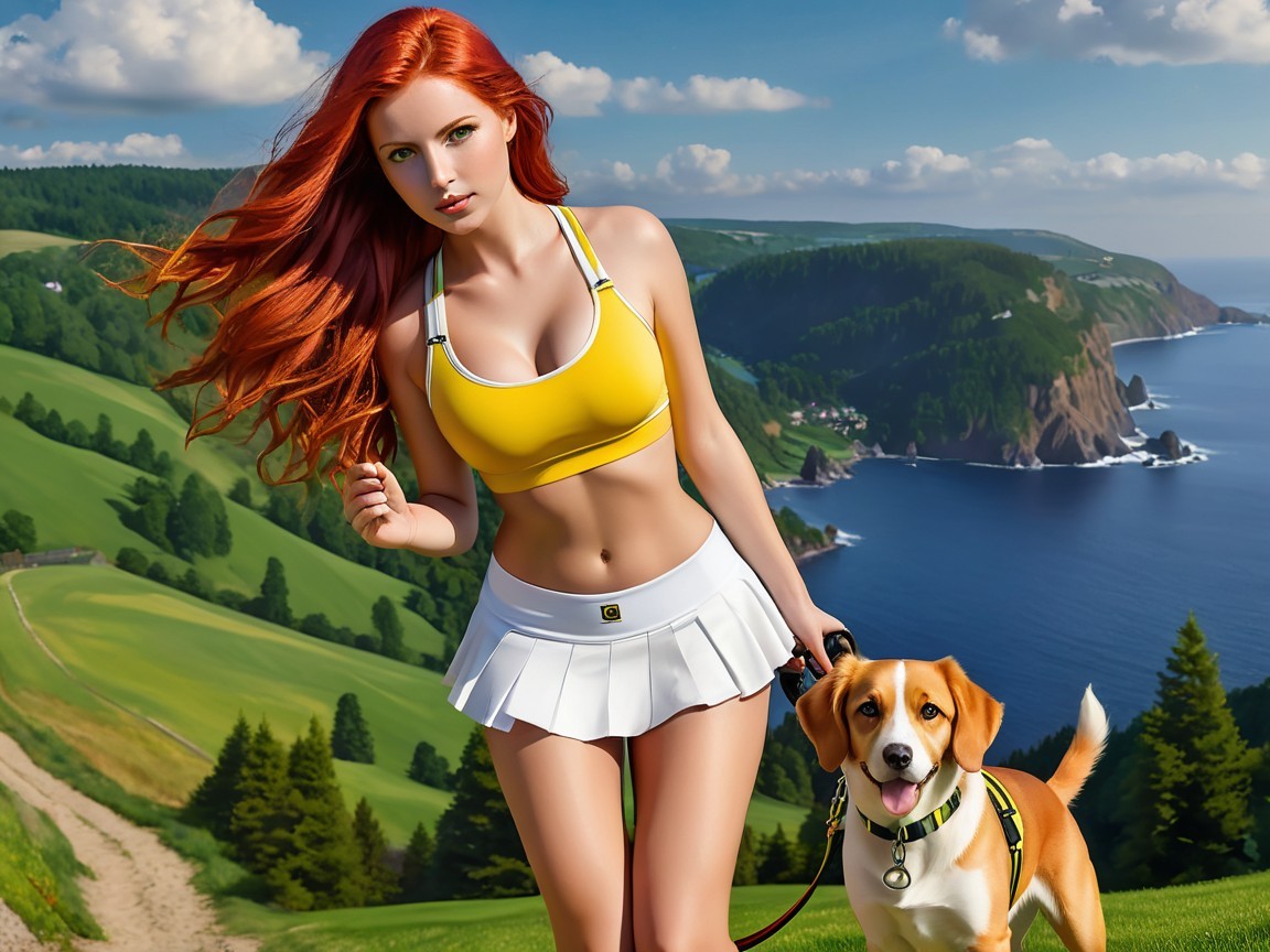 Woman with Red Hair Walking Beagle in Scenic Landscape