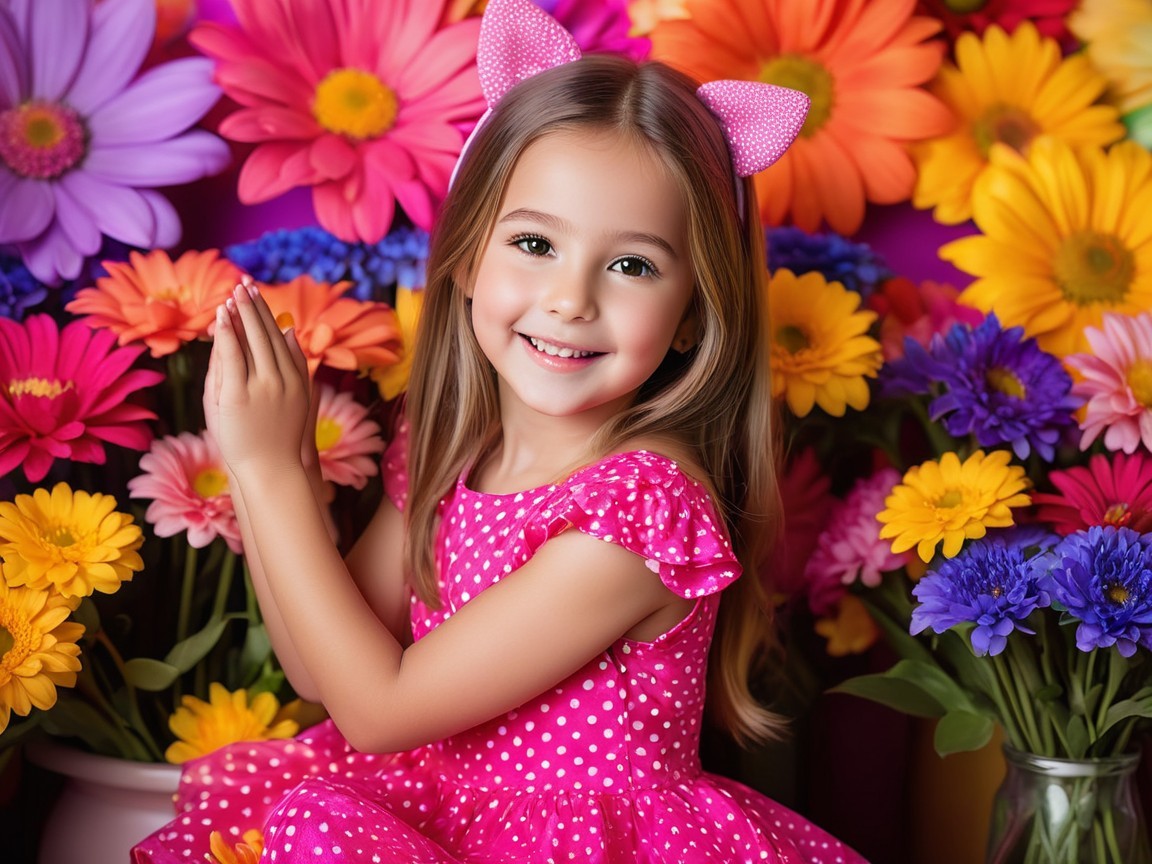 Cheerful girl in pink dress among colorful flowers