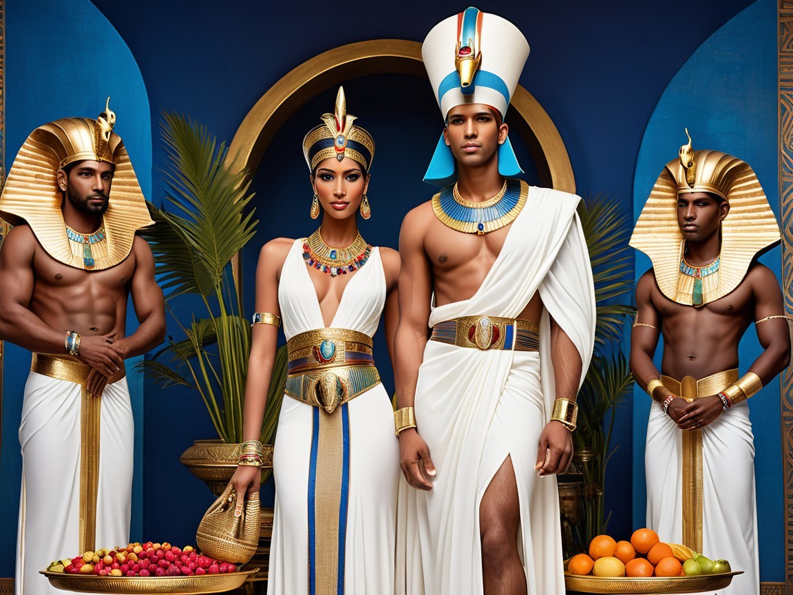 Ancient Egyptian Figures in Elaborate Attire and Jewelry