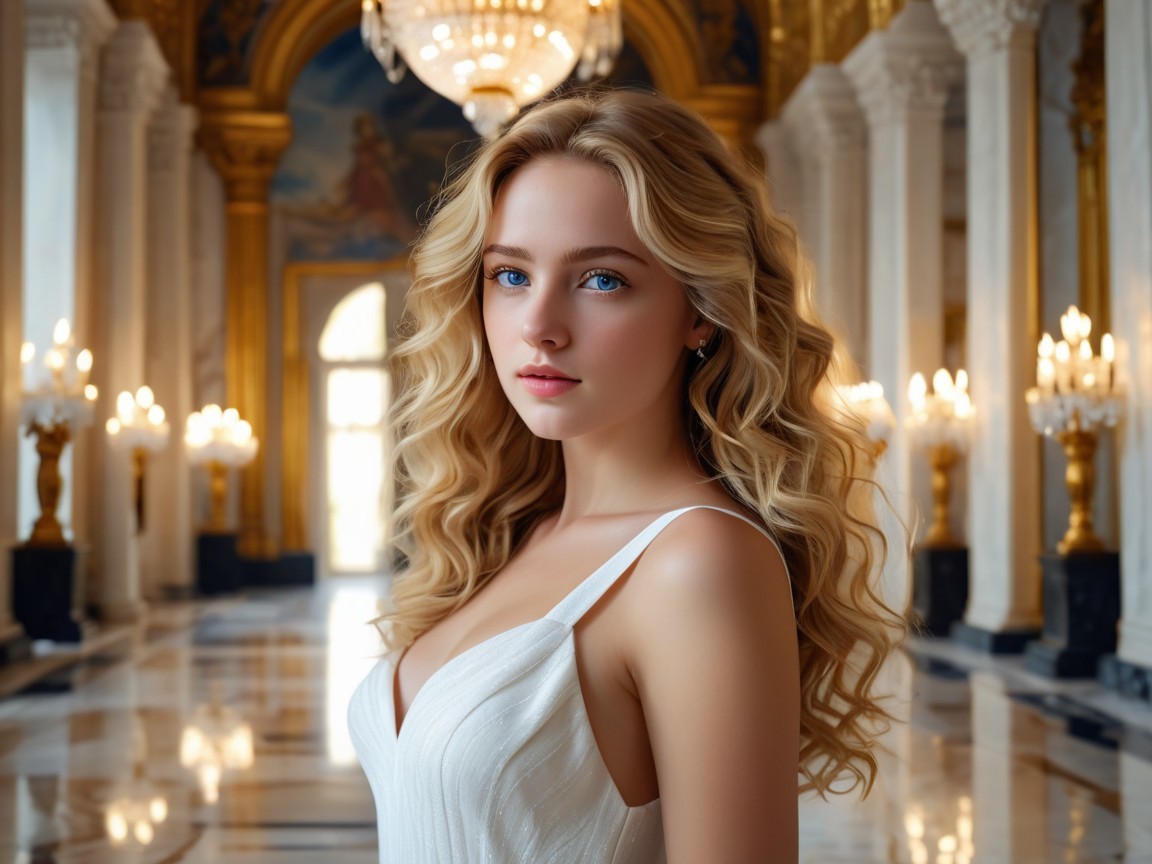 Elegant Woman in White Gown in Ornate Hall Setting