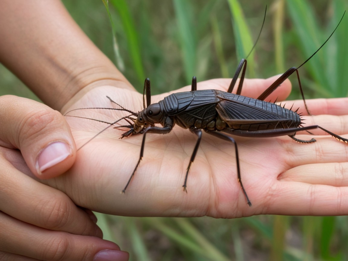Detailed Close-Up of a Dark Brown Cricket in Hand