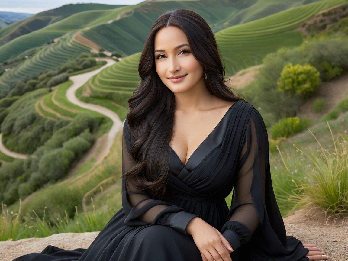Elegant woman in black gown on grassy hillside