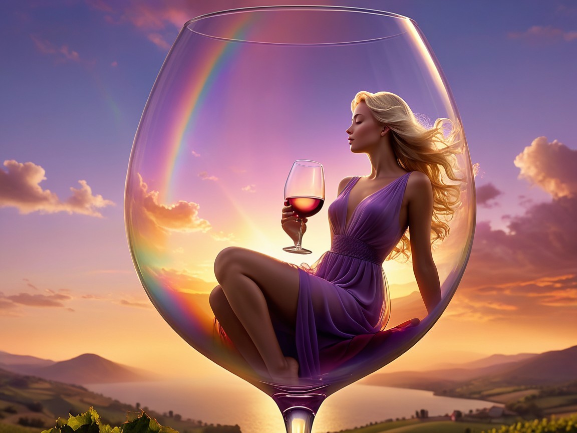 Woman in Wine Glass Against Sunset and Rainbow