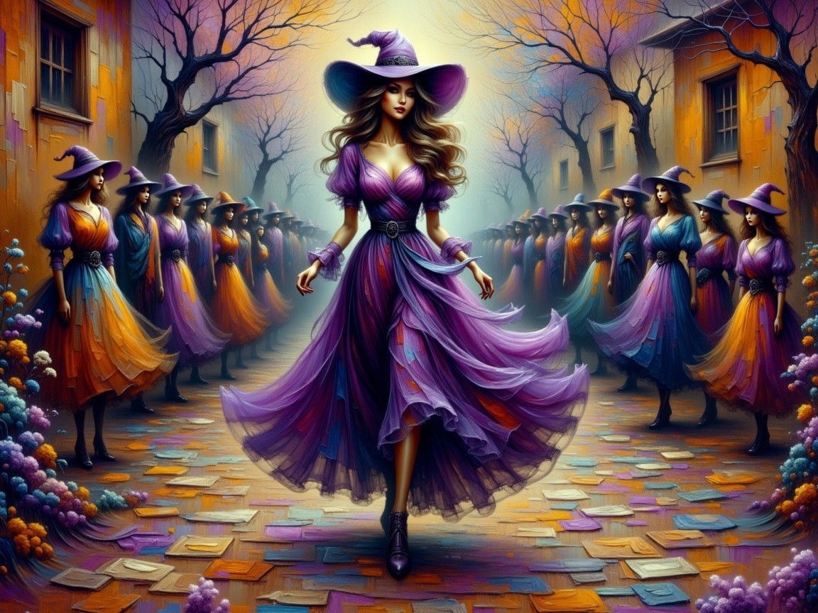Enchanted Village with Witches in Colorful Gowns