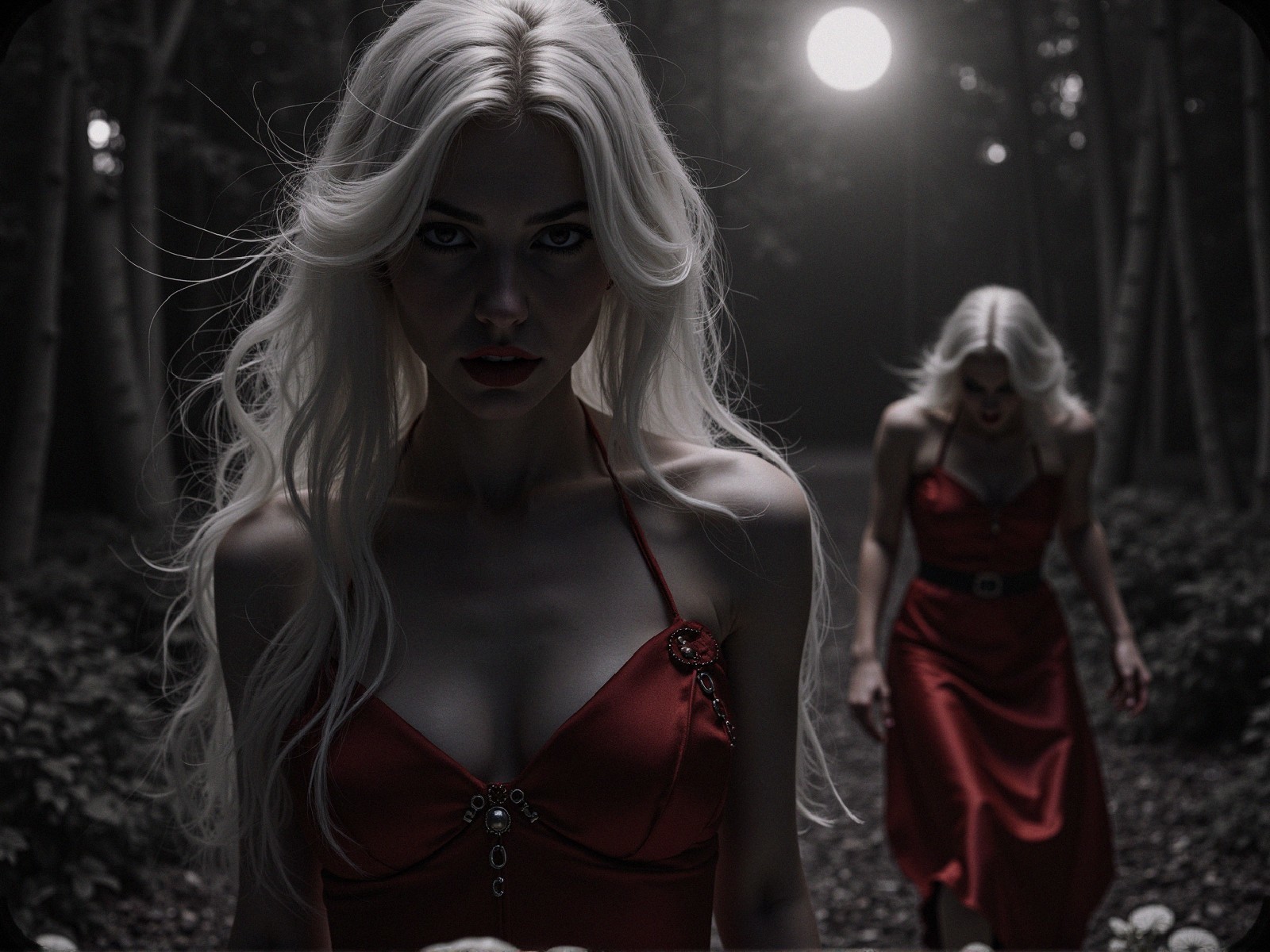Ethereal Figures in Moonlit Forest with Red Dresses