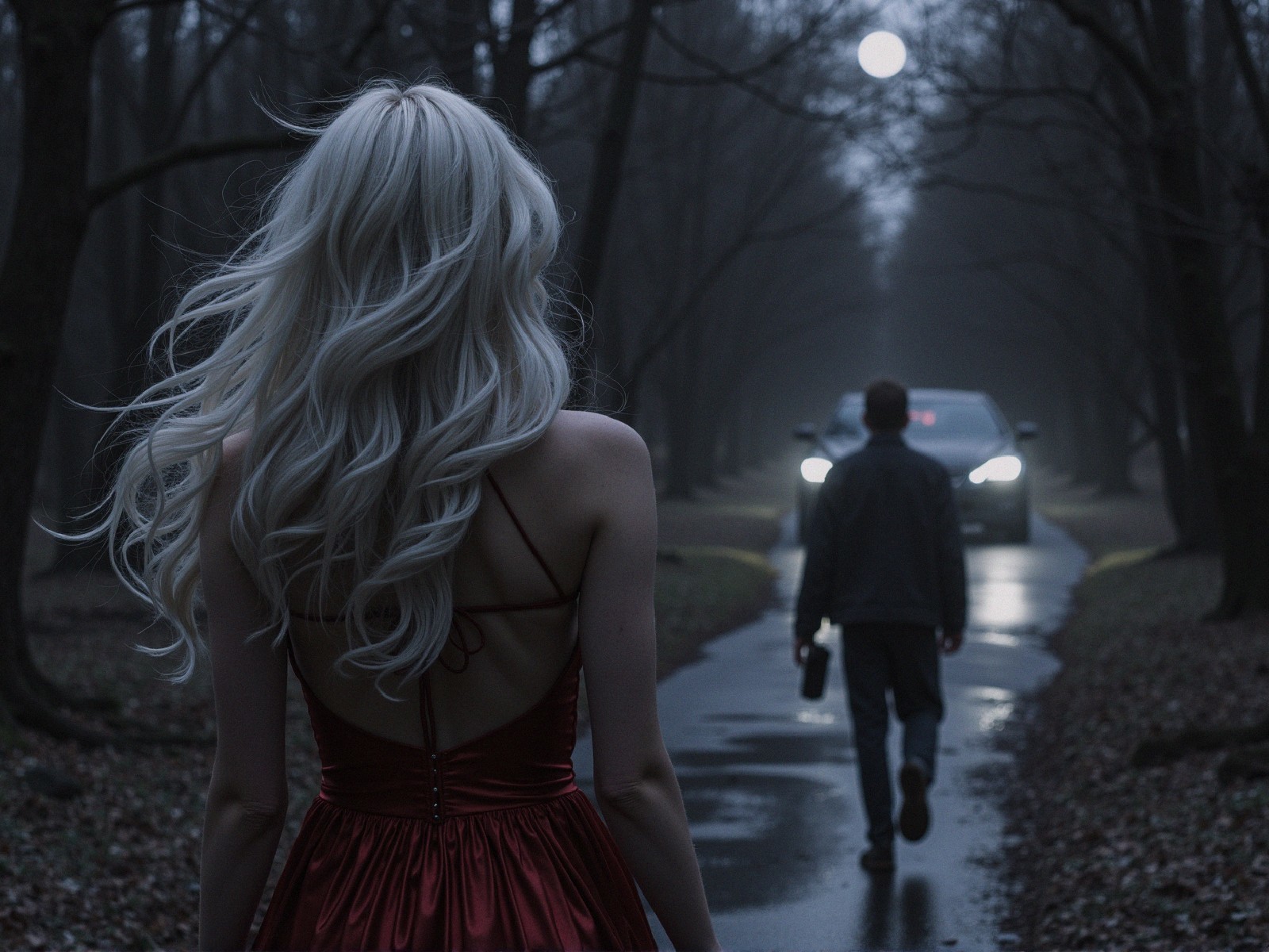 Woman in Red Dress in Moonlit Forest Scene
