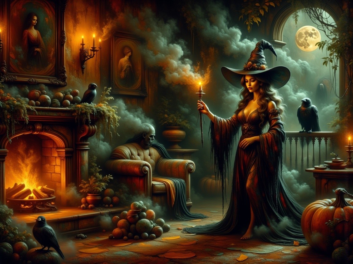 Witch in Dimly Lit Room with Candle and Fog