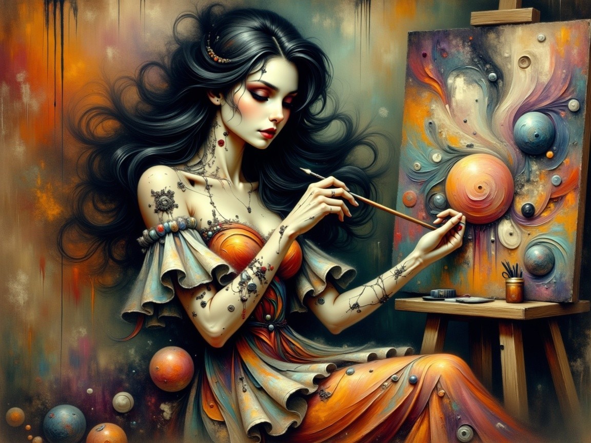 Surreal Scene of a Woman Painting with Vibrant Colors