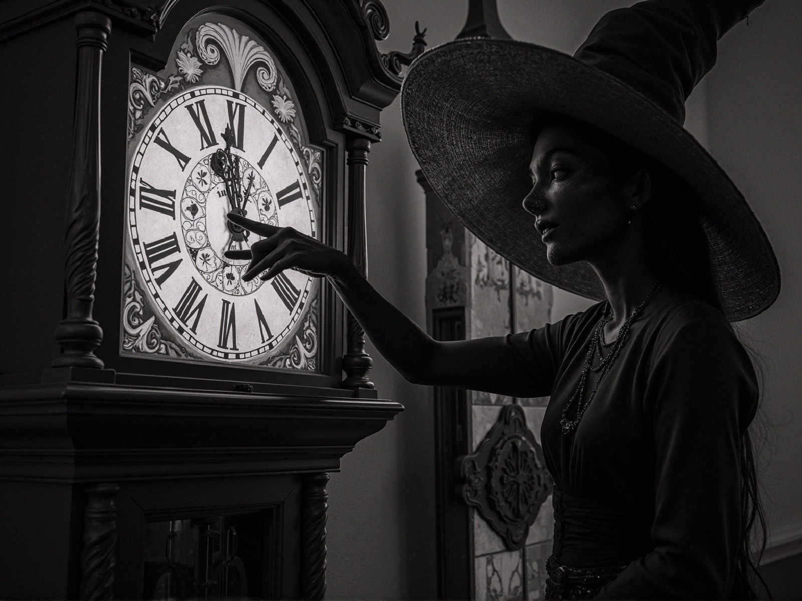 Woman with Large-Brimmed Hat Beside Ornate Clock