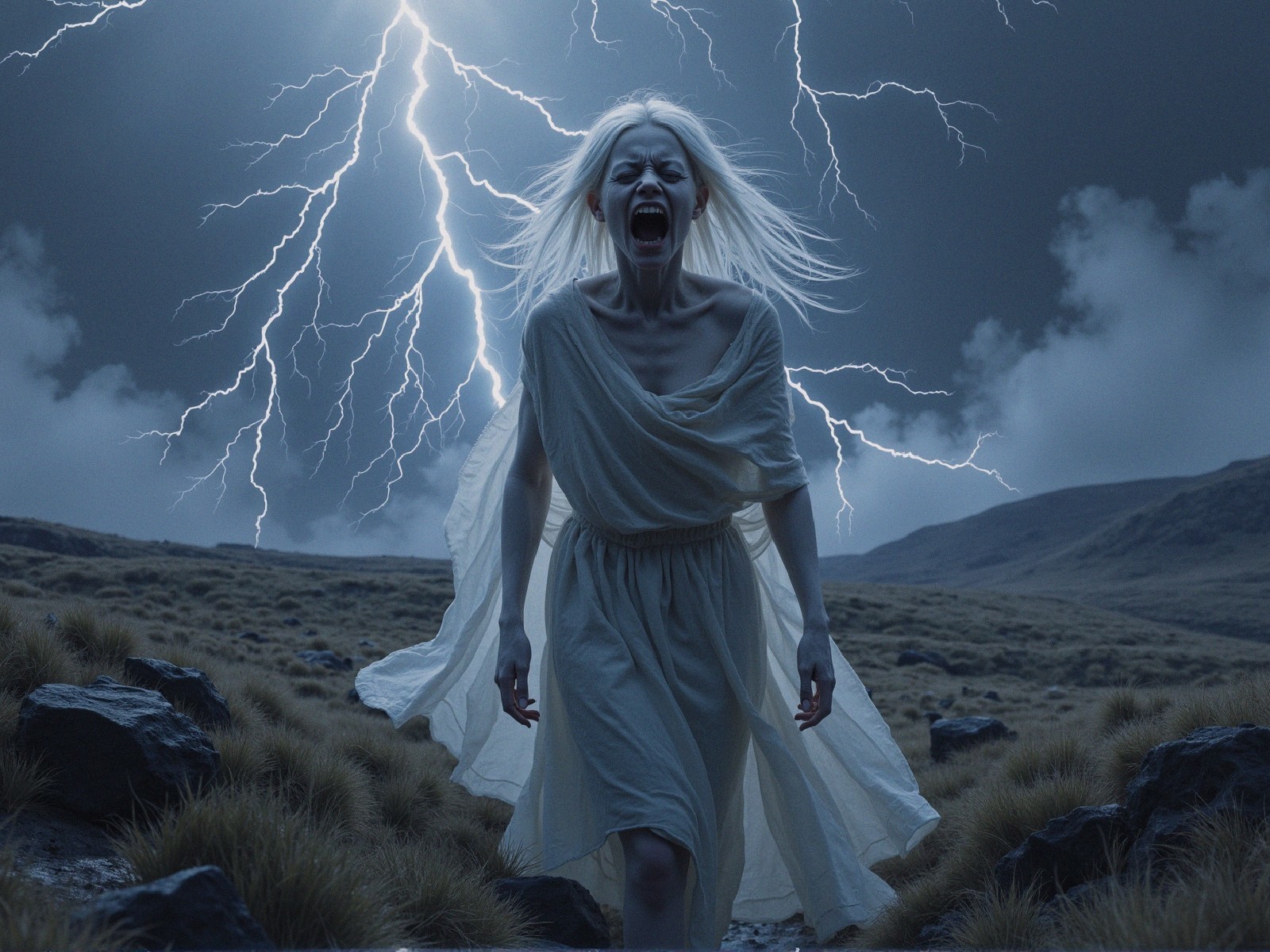Ghostly Figure in Dramatic Landscape with Lightning