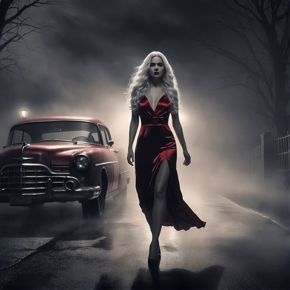 Mysterious Woman in Red Dress on Foggy Street