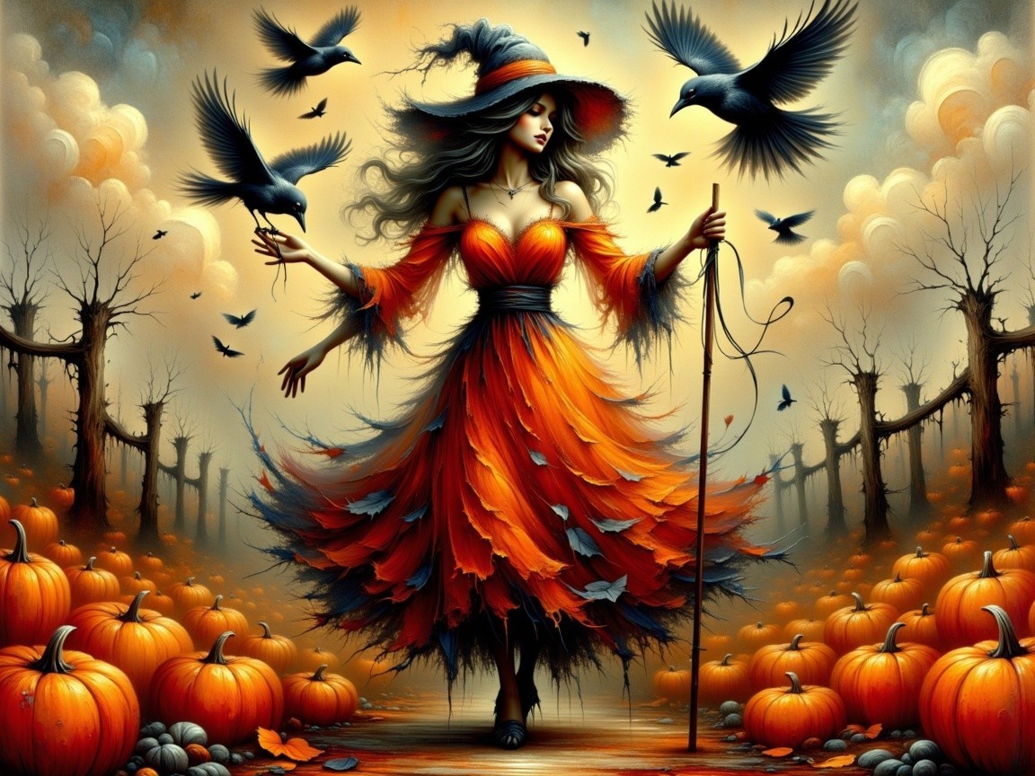 Witch in Orange Dress Among Pumpkin Patch and Crows