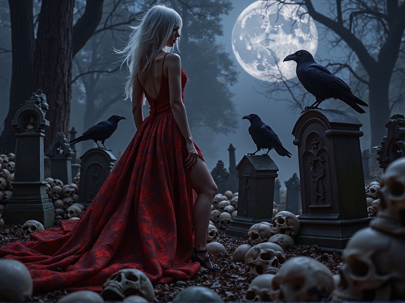 Gothic Scene of Figure in Red Gown in Graveyard