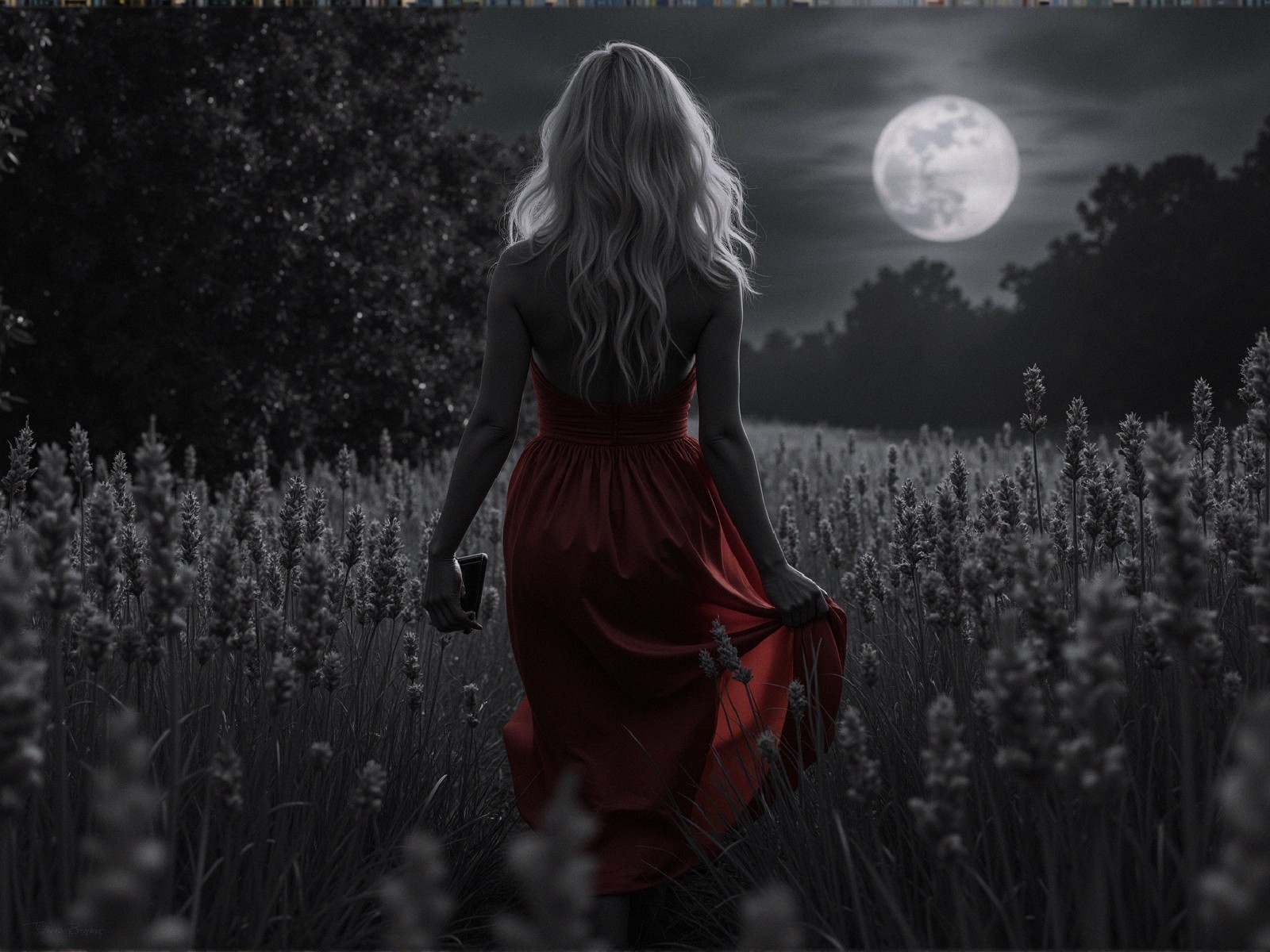 Woman in Red Dress in Moonlit Grass Field
