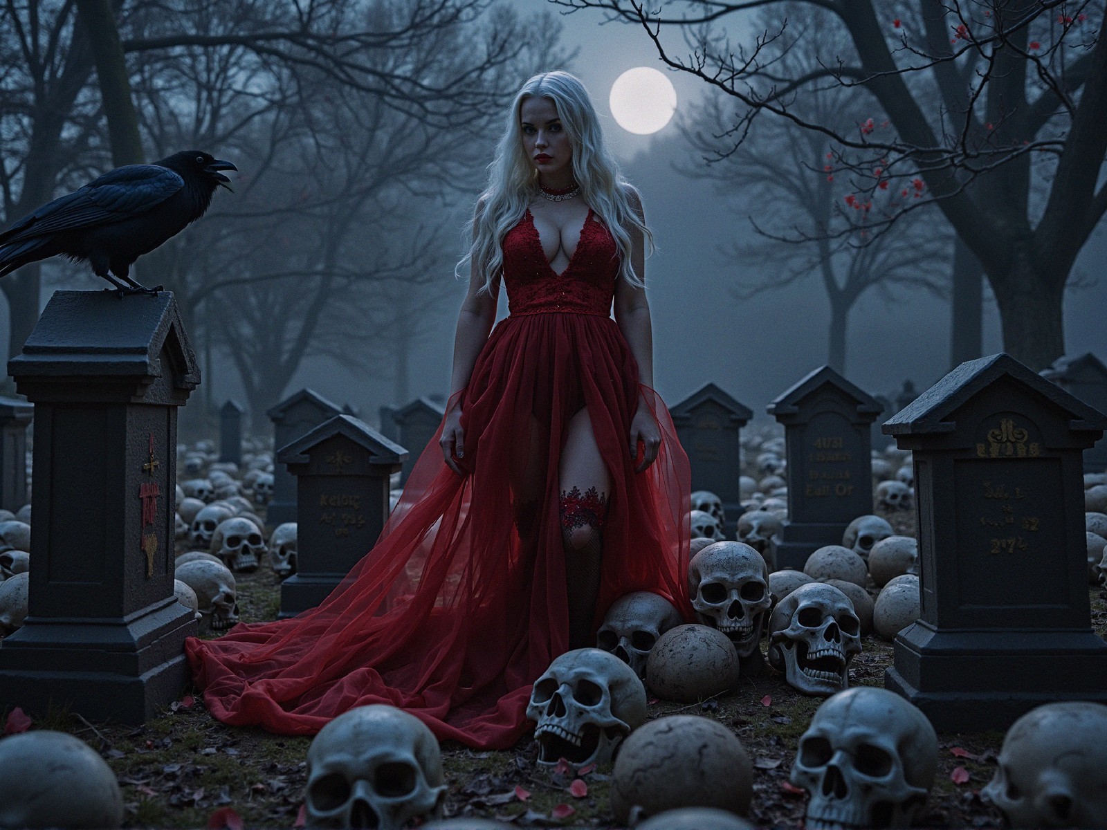 Eerie Graveyard Scene with Figure in Red Gown
