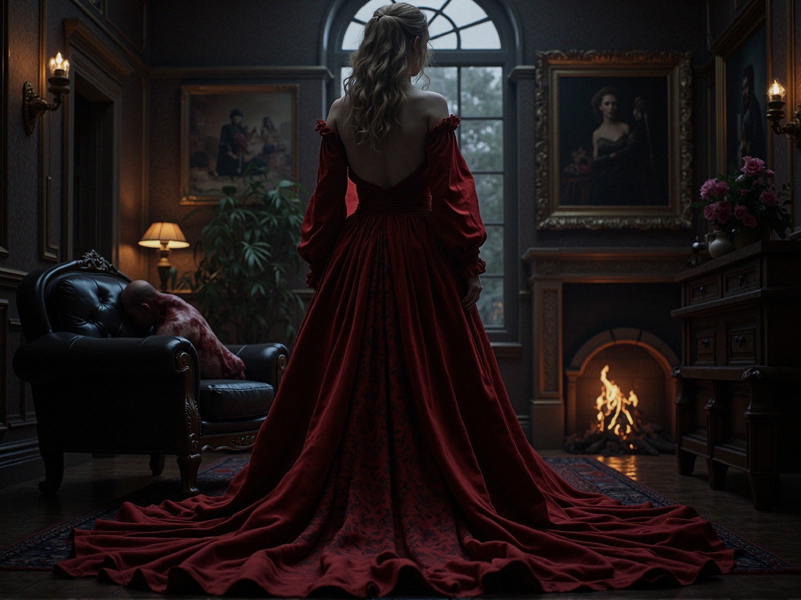 Elegant Woman in Red Gown in Dimly Lit Room