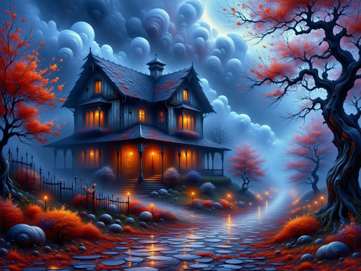 Victorian House in Foggy Landscape with Vibrant Trees