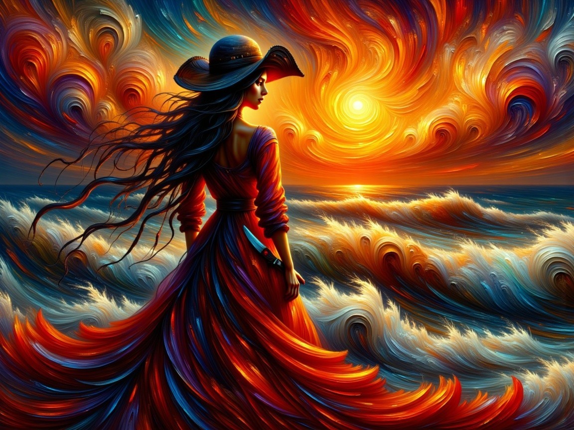 Silhouette of Woman in Red Dress by Vibrant Sunset