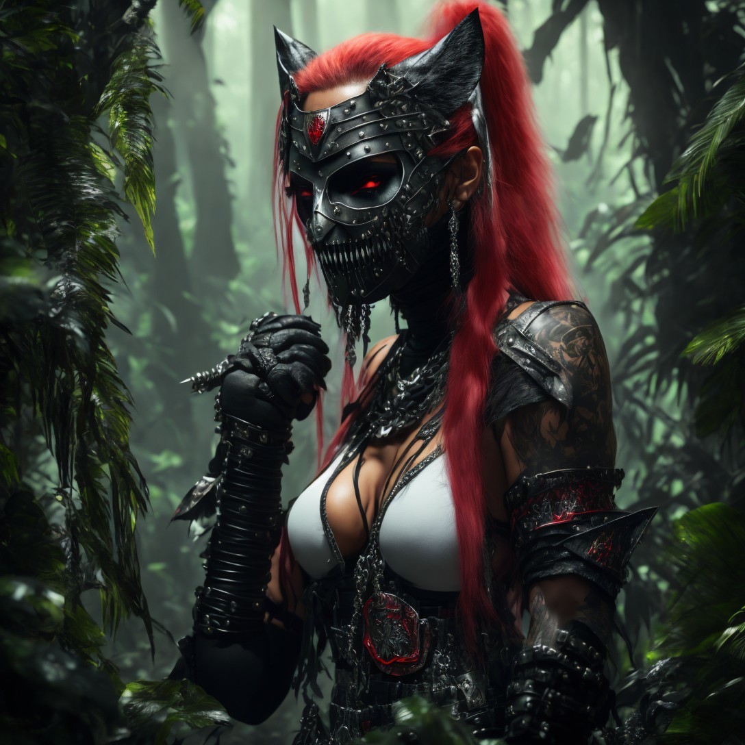 Woman in Black Mask with Red Eyes in Jungle Setting