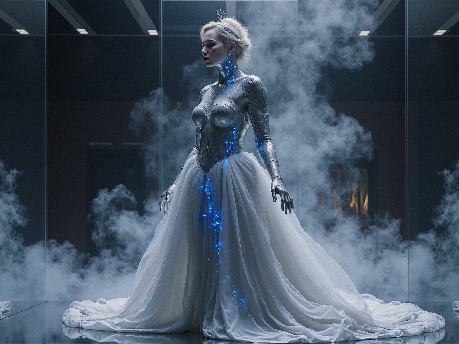 Futuristic figure in gown with ethereal smoke and lights