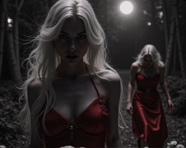 Ethereal Figures in Moonlit Forest with Red Dresses
