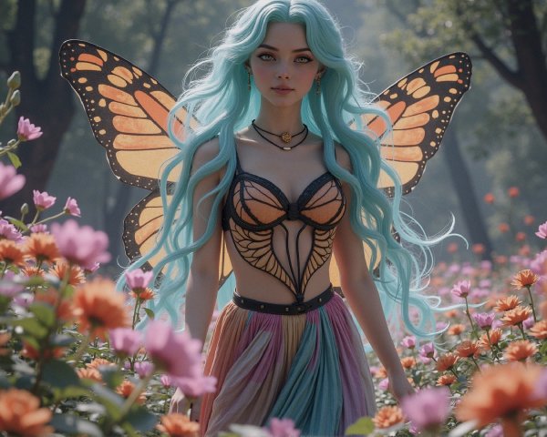 Whimsical fairy with butterfly wings in vibrant flowers