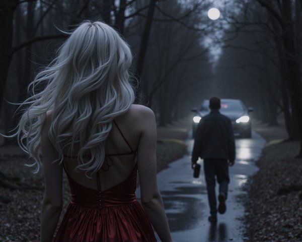 Woman in Red Dress in Moonlit Forest Scene