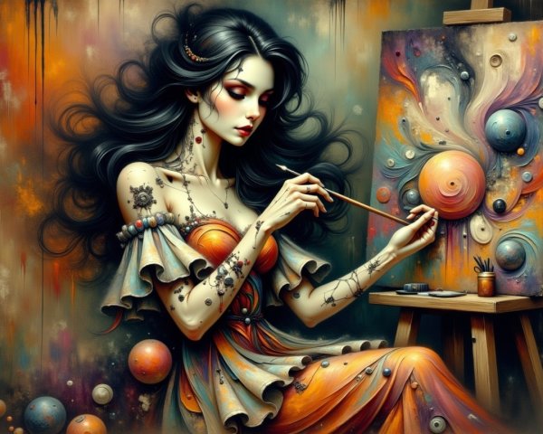Surreal Scene of a Woman Painting with Vibrant Colors