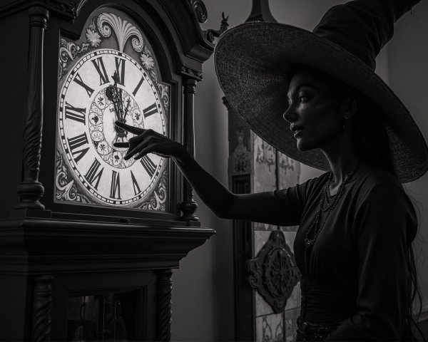 Woman with Large-Brimmed Hat Beside Ornate Clock