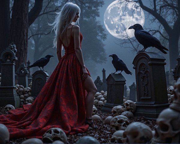 Gothic Scene of Figure in Red Gown in Graveyard