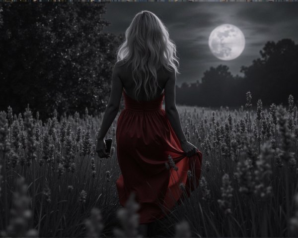 Woman in Red Dress in Moonlit Grass Field