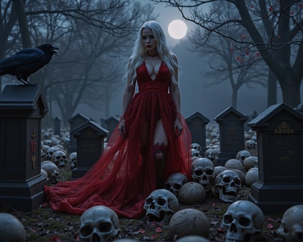 Eerie Graveyard Scene with Figure in Red Gown