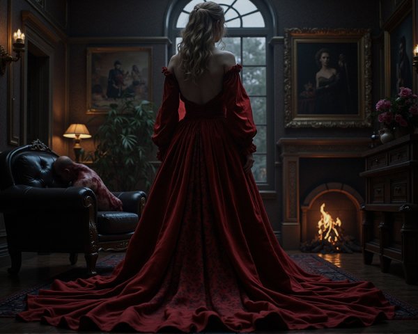 Elegant Woman in Red Gown in Dimly Lit Room