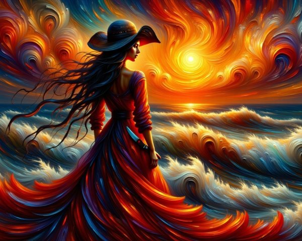 Silhouette of Woman in Red Dress by Vibrant Sunset
