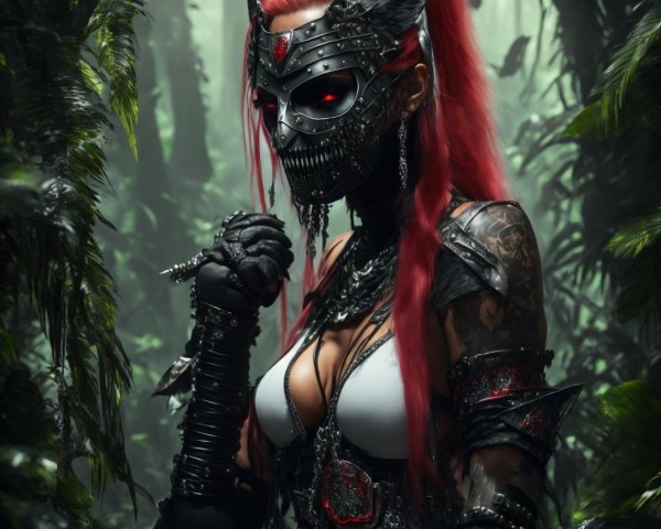 Woman in Black Mask with Red Eyes in Jungle Setting