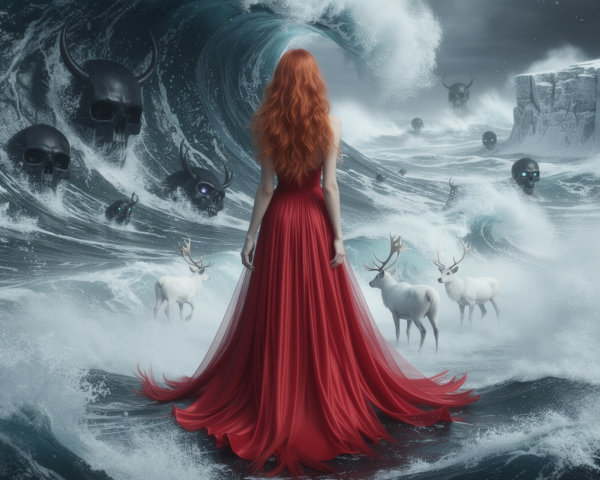 Woman in Red Dress by Dark Ocean Waves